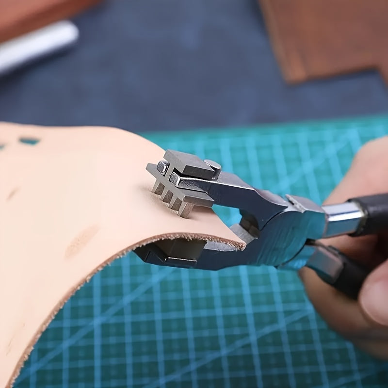 Leather Craft Punching Pliers Set, 4mm Silent Diamond Chopper Leather Punching Pliers with Interchangeable Heads, Metal Hand Sewing Punching Tool Set, Including Leather Needle, Wooden Storage Syringe, Needle Threader, Thimble