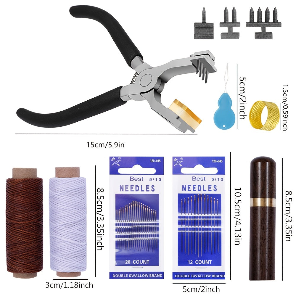Leather Craft Punching Pliers Set, 4mm Silent Diamond Chopper Leather Punching Pliers with Interchangeable Heads, Metal Hand Sewing Punching Tool Set, Including Leather Needle, Wooden Storage Syringe, Needle Threader, Thimble