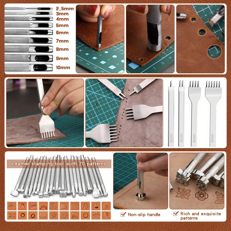 High Quality Professional Leather Tooling Kit Leather Craft Tools Leather Working Kit with Custom Handbag Cutting Mats Engraving Punching Sewing Stamping Sanding Tools Leather Tools for Leather Working
