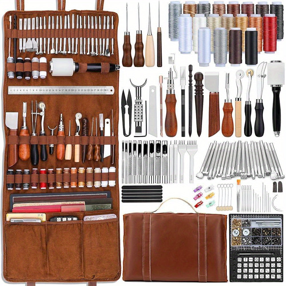 High Quality Professional Leather Tooling Kit Leather Craft Tools Leather Working Kit with Custom Handbag Cutting Mats Engraving Punching Sewing Stamping Sanding Tools Leather Tools for Leather Working