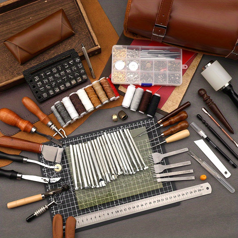 High Quality Professional Leather Tooling Kit Leather Craft Tools Leather Working Kit with Custom Handbag Cutting Mats Engraving Punching Sewing Stamping Sanding Tools Leather Tools for Leather Working