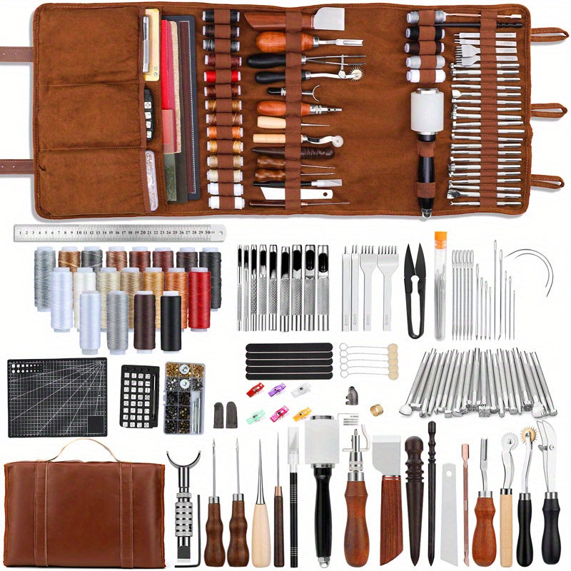 High Quality Professional Leather Tooling Kit Leather Craft Tools Leather Working Kit with Custom Handbag Cutting Mats Engraving Punching Sewing Stamping Sanding Tools Leather Tools for Leather Working