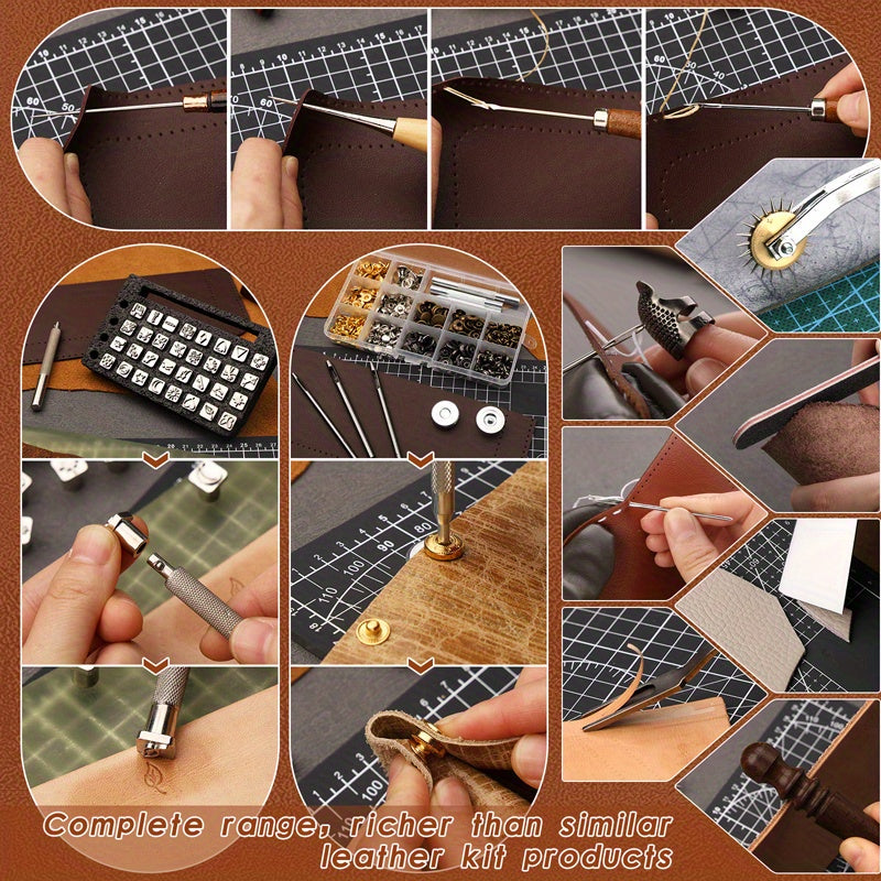 High Quality Professional Leather Tooling Kit Leather Craft Tools Leather Working Kit with Custom Handbag Cutting Mats Engraving Punching Sewing Stamping Sanding Tools Leather Tools for Leather Working