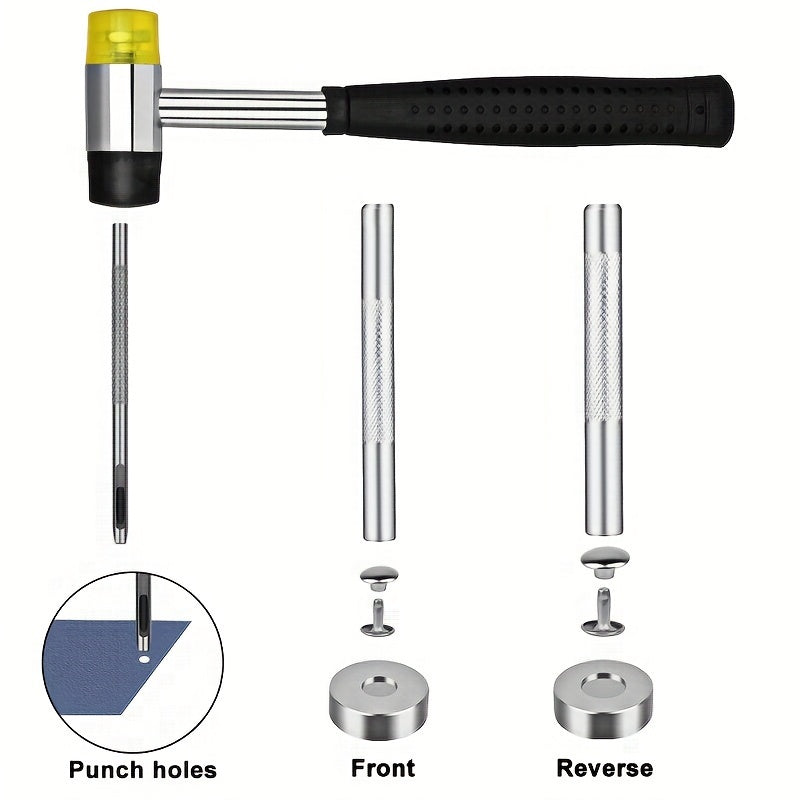 WUTUREE Leather Rivets Kit - With Rubber Hammer, Hole Puncher & Storage Box - Metal Rivets for DIY Leather Craft, Clothes, Shoes Decoration & Repair - For Crafters & DIY Enthusiasts