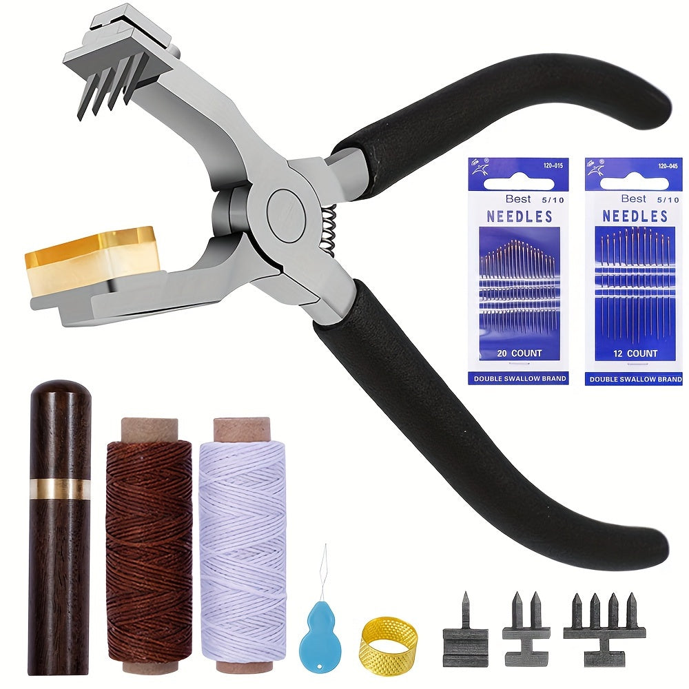 Leather Craft Punching Pliers Set, 4mm Silent Diamond Chopper Leather Punching Pliers with Interchangeable Heads, Metal Hand Sewing Punching Tool Set, Including Leather Needle, Wooden Storage Syringe, Needle Threader, Thimble
