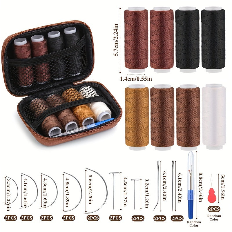 1 Set Hair Extension Sewing Kit, 8 Rolls Durable Thread, 18 T/C/J/I Needles, Hand Sewing Supplies for Wig Making, Hair Extensions, Leather Craft Repair