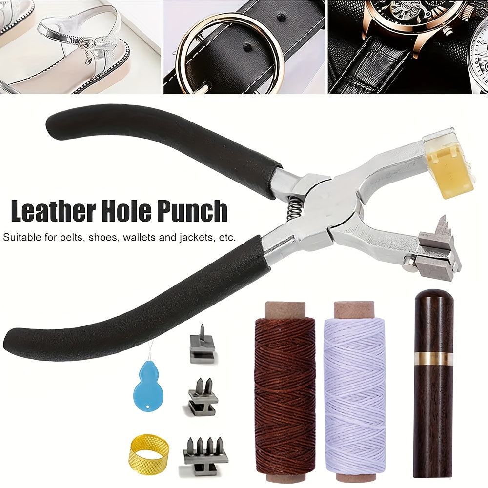 Leather Craft Punching Pliers Set, 4mm Silent Diamond Chopper Leather Punching Pliers with Interchangeable Heads, Metal Hand Sewing Punching Tool Set, Including Leather Needle, Wooden Storage Syringe, Needle Threader, Thimble