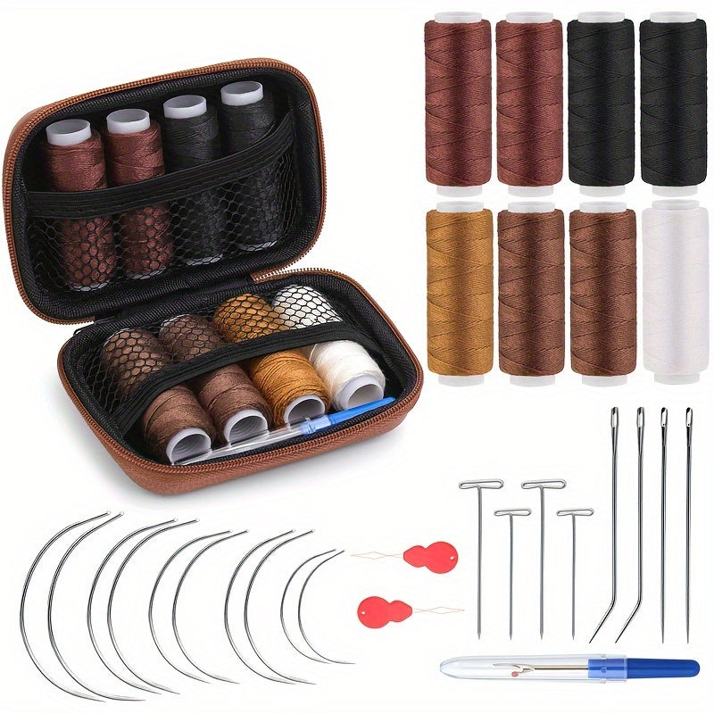 1 Set Hair Extension Sewing Kit, 8 Rolls Durable Thread, 18 T/C/J/I Needles, Hand Sewing Supplies for Wig Making, Hair Extensions, Leather Craft Repair