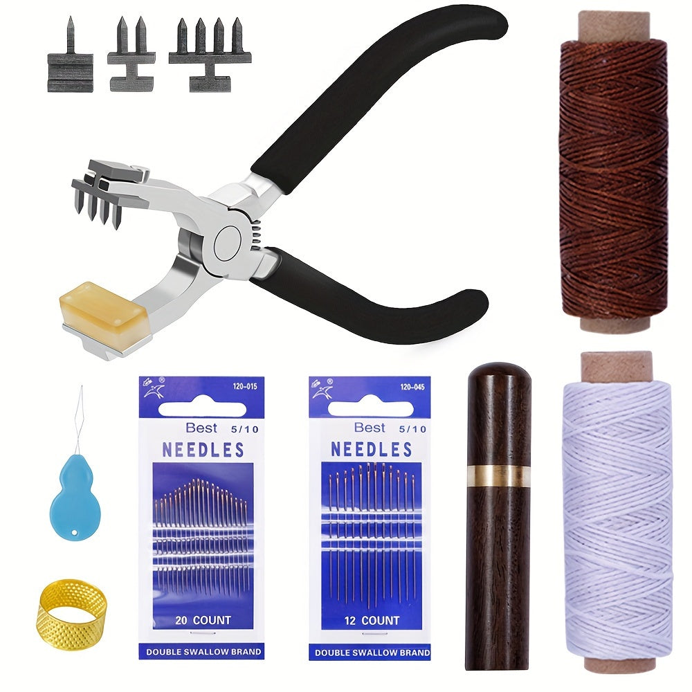 Leather Craft Punching Pliers Set, 4mm Silent Diamond Chopper Leather Punching Pliers with Interchangeable Heads, Metal Hand Sewing Punching Tool Set, Including Leather Needle, Wooden Storage Syringe, Needle Threader, Thimble