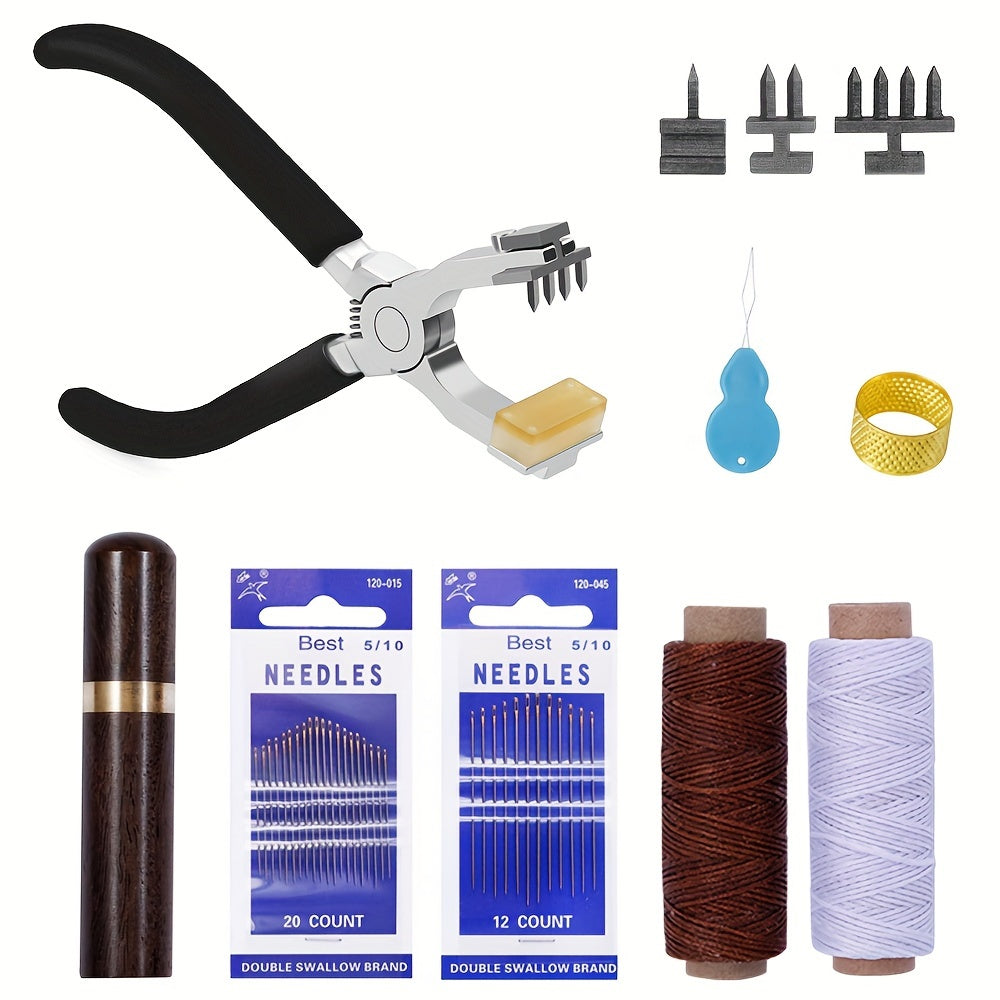 Leather Craft Punching Pliers Set, 4mm Silent Diamond Chopper Leather Punching Pliers with Interchangeable Heads, Metal Hand Sewing Punching Tool Set, Including Leather Needle, Wooden Storage Syringe, Needle Threader, Thimble