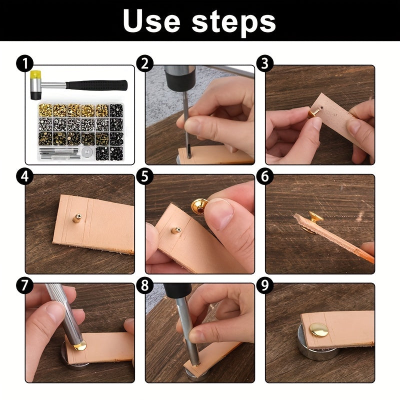 WUTUREE Leather Rivets Kit - With Rubber Hammer, Hole Puncher & Storage Box - Metal Rivets for DIY Leather Craft, Clothes, Shoes Decoration & Repair - For Crafters & DIY Enthusiasts