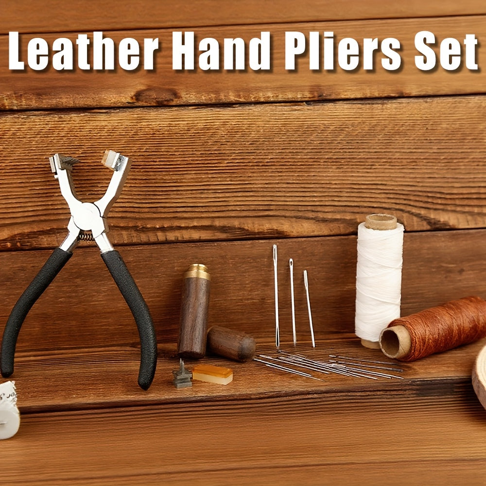 Leather Craft Punching Pliers Set, 4mm Silent Diamond Chopper Leather Punching Pliers with Interchangeable Heads, Metal Hand Sewing Punching Tool Set, Including Leather Needle, Wooden Storage Syringe, Needle Threader, Thimble