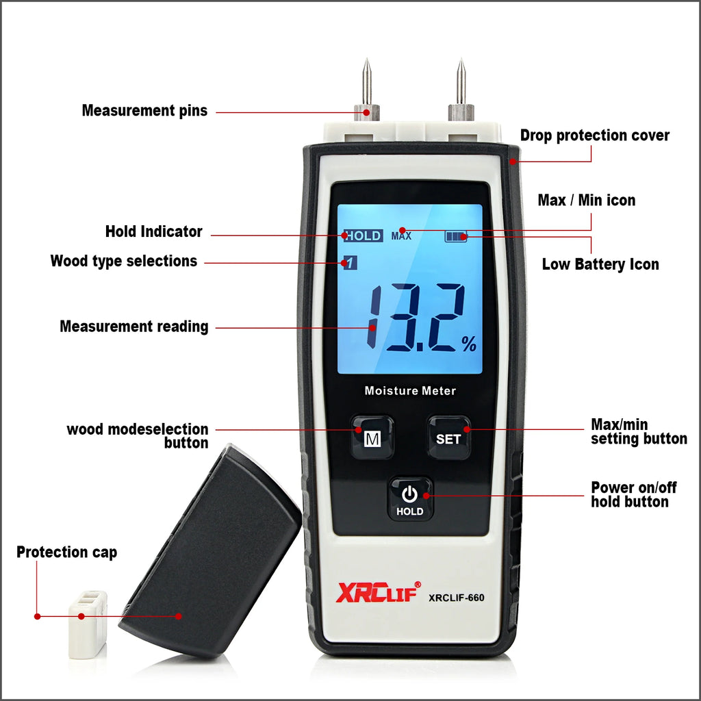 XRCLIF Wood Moisture Meter Digital Handheld Wood Moisture Meter Concrete Woodworking carton Building Material Moisture Meter
