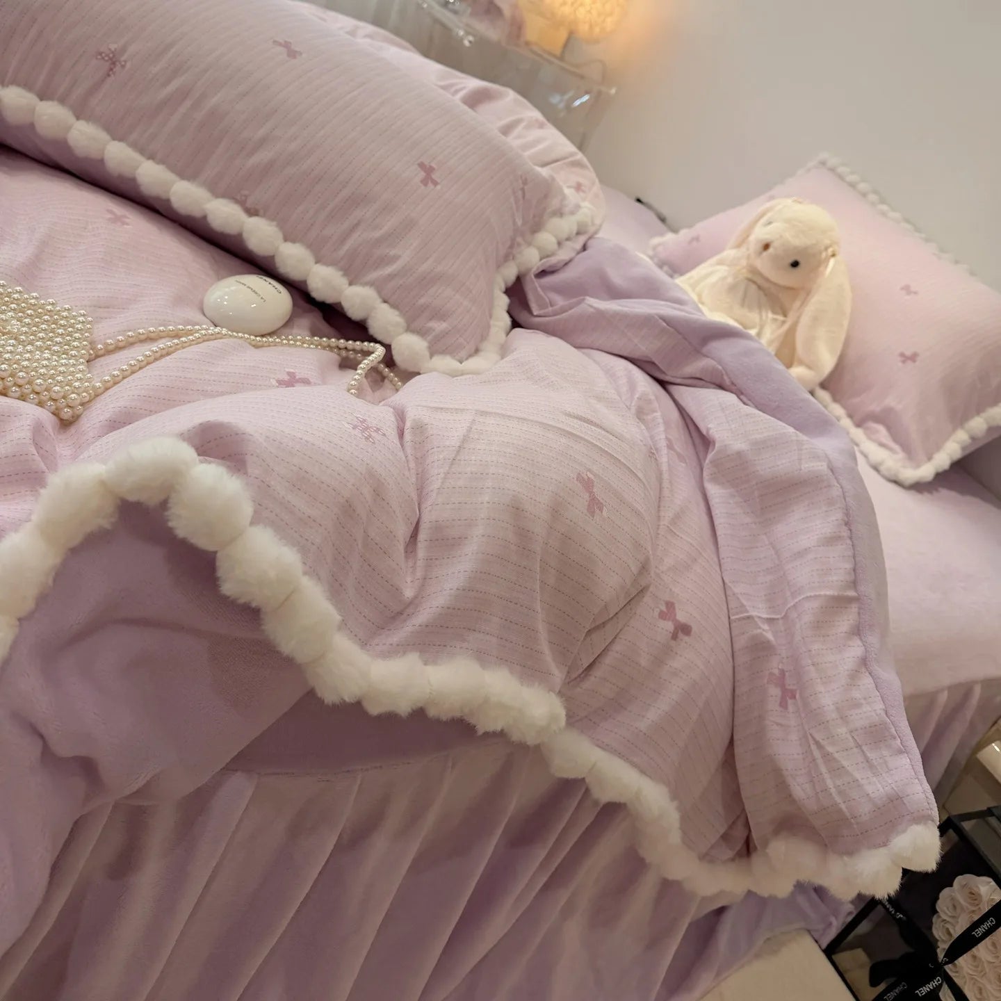 100% Cotton Double Layer Gauze 4-Piece Bedding Set - Milk Fiber Pom Poms Duvet Cover Set Soft Breathable for Bedroom