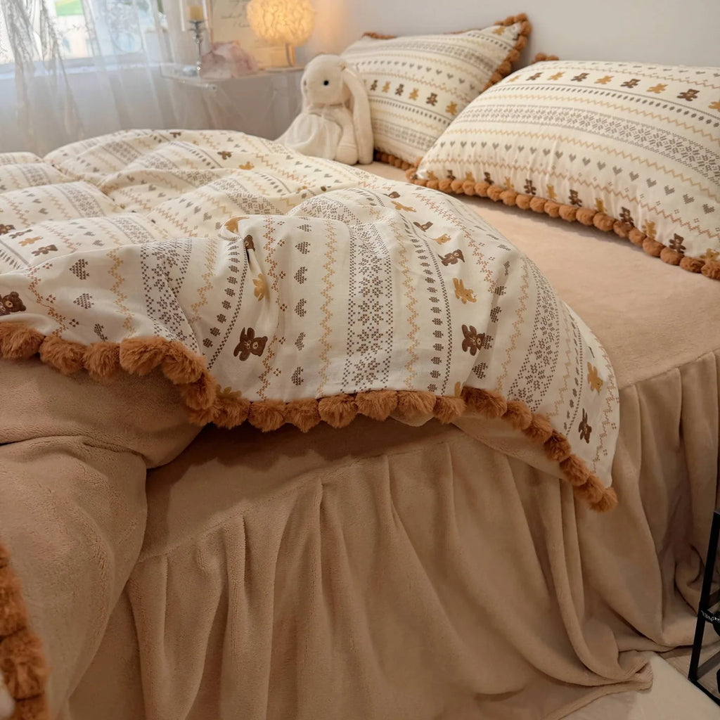 100% Cotton Double Layer Gauze 4-Piece Bedding Set - Milk Fiber Pom Poms Duvet Cover Set Soft Breathable for Bedroom