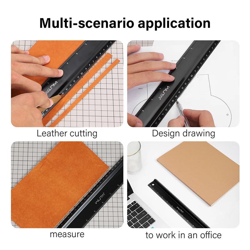 WUTA Leather Cutting Ruler Safety Ruler Titanium Plated Stainless Steel Protective Ruler Metal 30cm 12 inch Non-slip Craft Tools