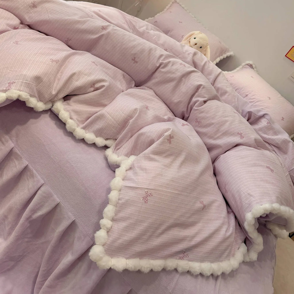 100% Cotton Double Layer Gauze 4-Piece Bedding Set - Milk Fiber Pom Poms Duvet Cover Set Soft Breathable for Bedroom
