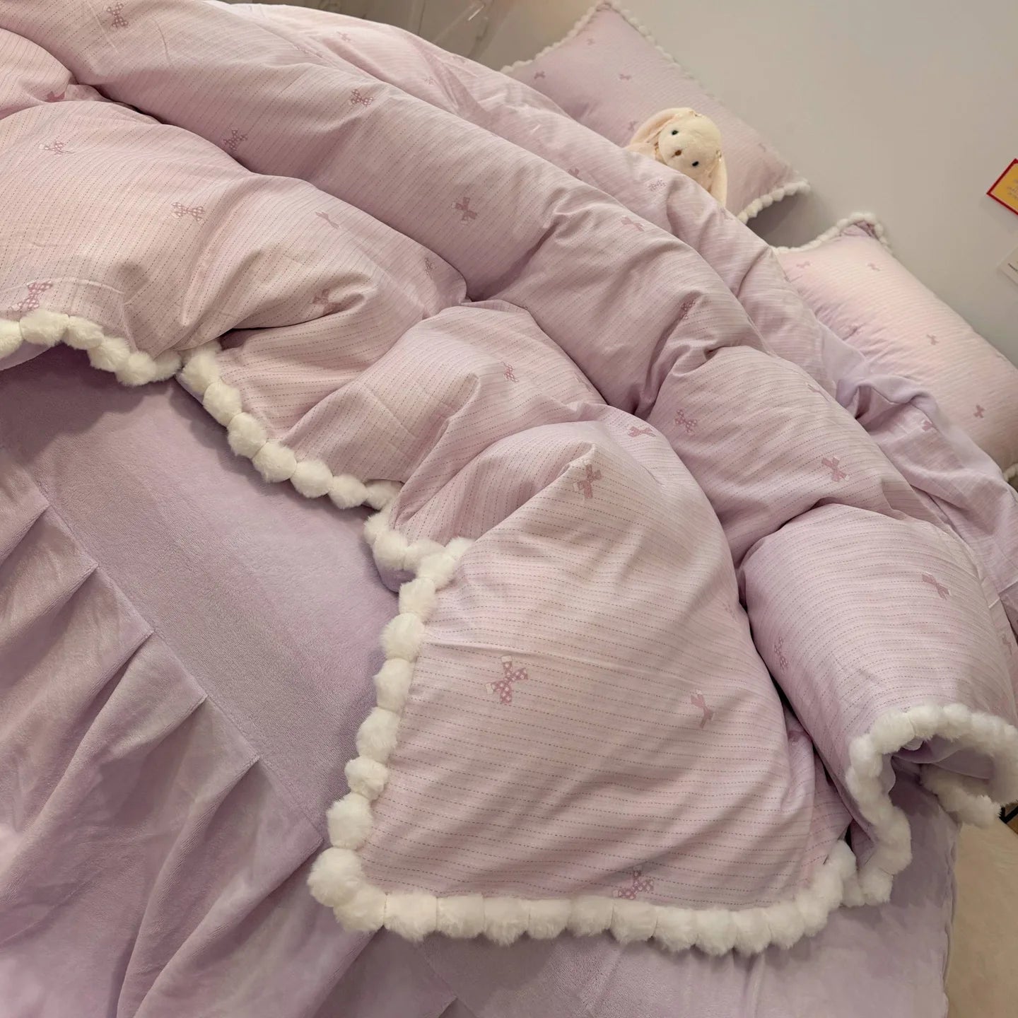 100% Cotton Double Layer Gauze 4-Piece Bedding Set - Milk Fiber Pom Poms Duvet Cover Set Soft Breathable for Bedroom