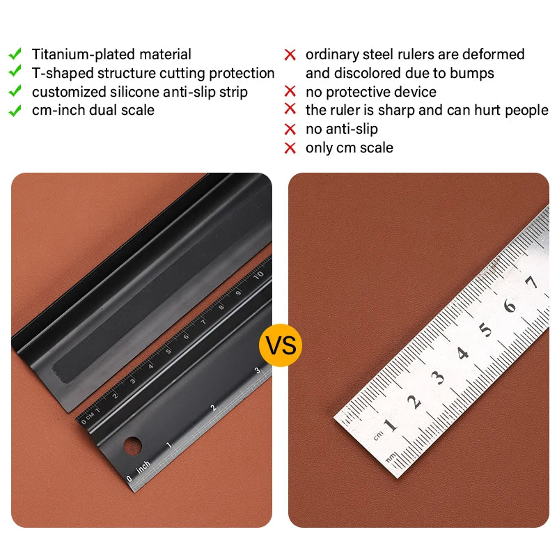 WUTA Leather Cutting Ruler Safety Ruler Titanium Plated Stainless Steel Protective Ruler Metal 30cm 12 inch Non-slip Craft Tools