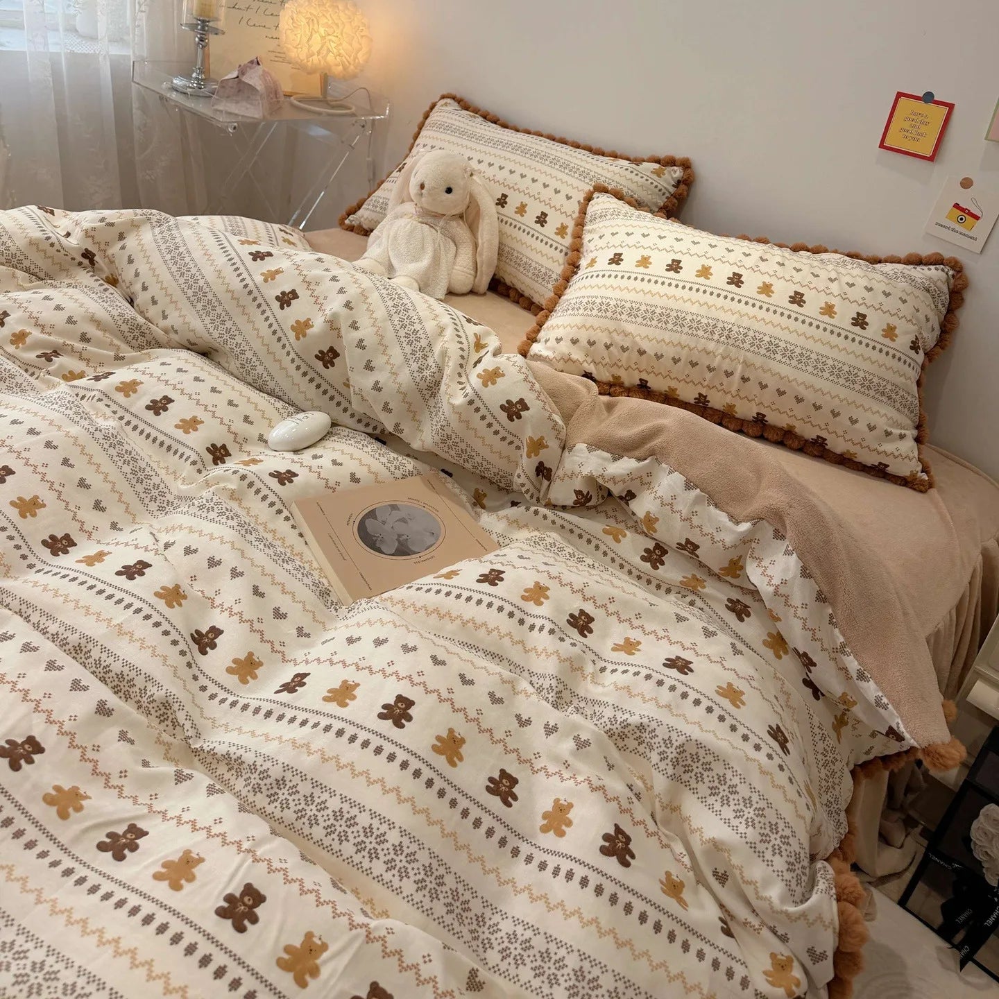 100% Cotton Double Layer Gauze 4-Piece Bedding Set - Milk Fiber Pom Poms Duvet Cover Set Soft Breathable for Bedroom