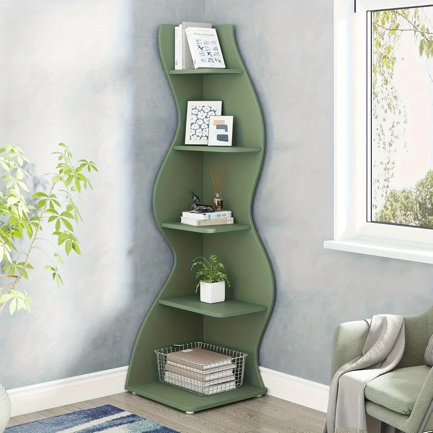 Modern 5-Tier Corner Bookshelf Wall Mounted Floating Shelves Unit Space Saving Storage for Living Room Home Office Bookcase.