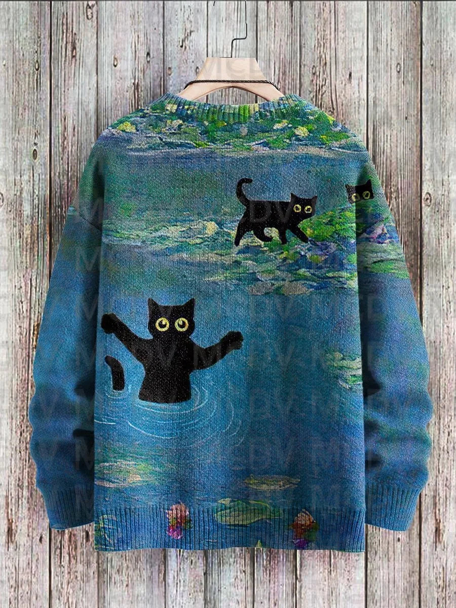 Unisex Vintage Cat Art Print Classic Sweater Men's For Women's Pullover