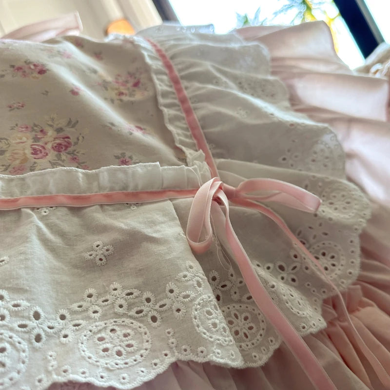 Pink Floral Double Layer Lace Ruffles 100% Cotton Bedding Set Duvet Cover Set Bed Sheet/Bed Skirt/Fitted Sheet Pillowcases 4Pcs