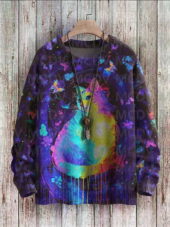Unisex Vintage Cat Art Print Classic Sweater Men's For Women's Pullover