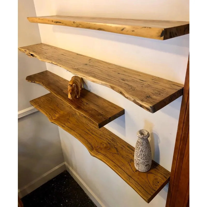 Rustic Live Edge Solid  Wood Floating Shelf with Hardware in Indoor