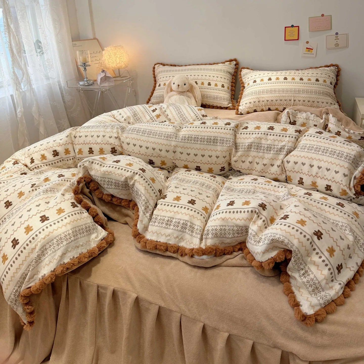 100% Cotton Double Layer Gauze 4-Piece Bedding Set - Milk Fiber Pom Poms Duvet Cover Set Soft Breathable for Bedroom