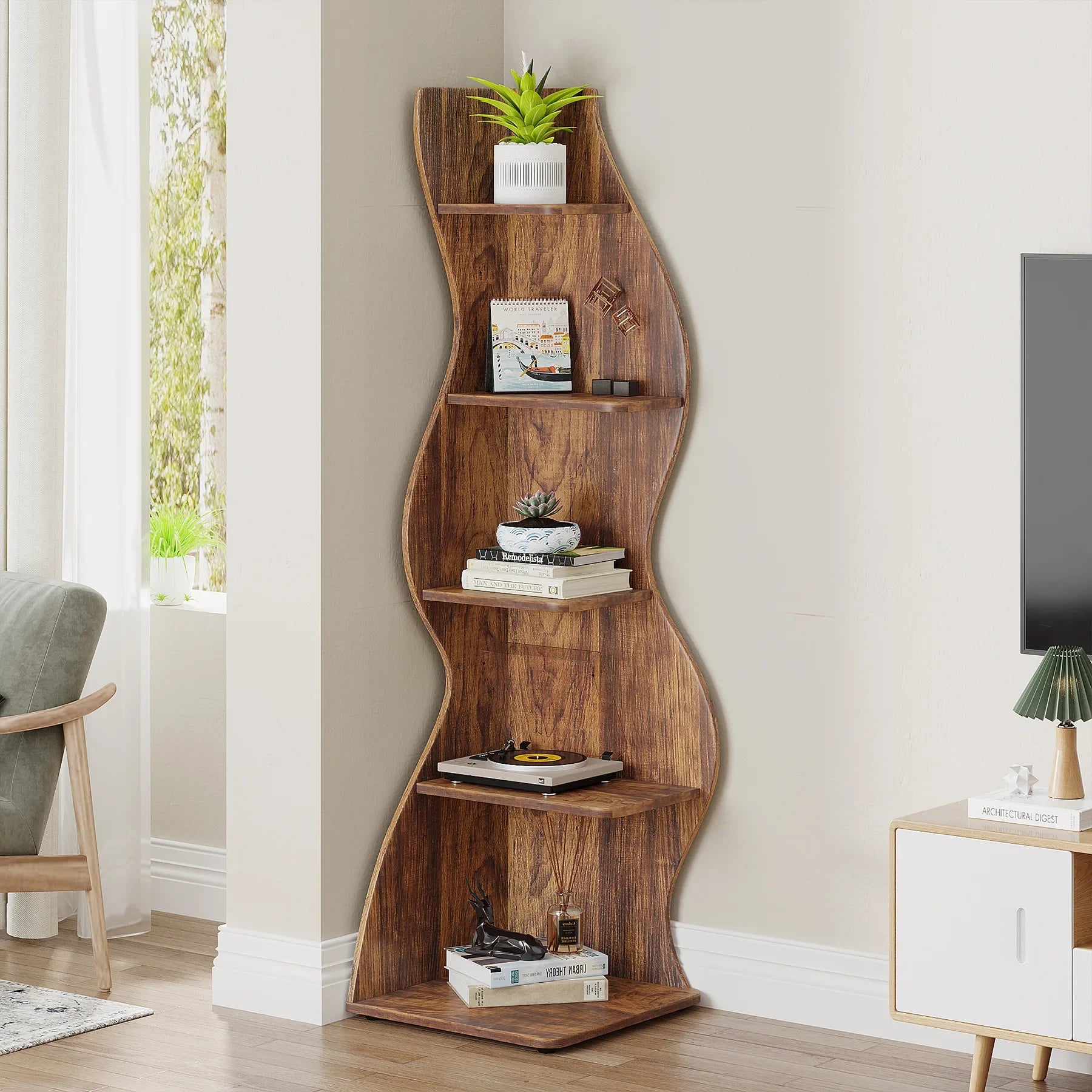 Modern 5-Tier Corner Bookshelf Wall Mounted Floating Shelves Unit Space Saving Storage for Living Room Home Office Bookcase.