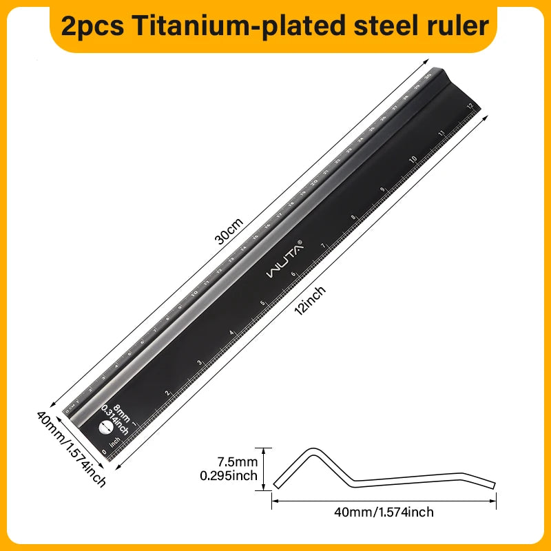 WUTA Leather Cutting Ruler Safety Ruler Titanium Plated Stainless Steel Protective Ruler Metal 30cm 12 inch Non-slip Craft Tools