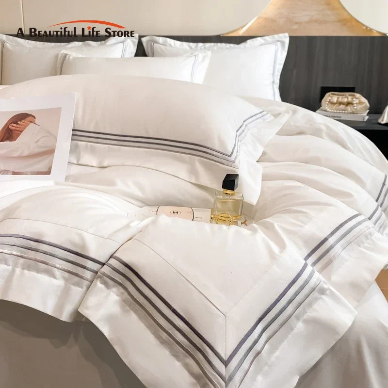 100% Cotton Luxury Hotel Style Bedding Set Queen King Size Solid Color Embroidery Duvet Cover Flat/Fitted Bed Sheet Pillowcases