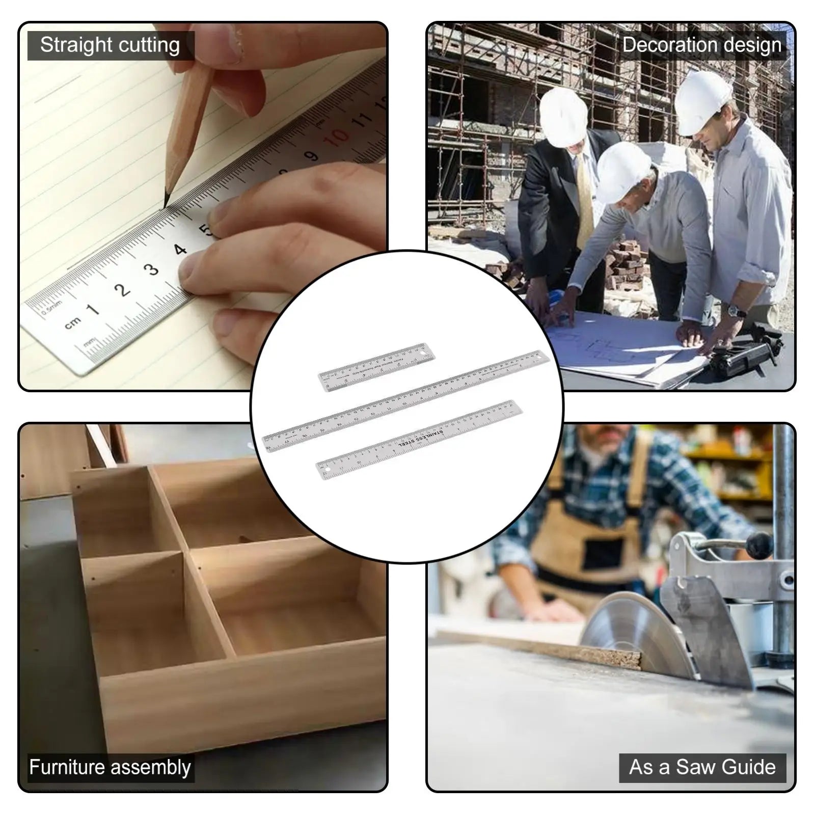 6/12/18 Inch Optional Stainless Steel Metal Ruler with Cork Backing, Inch and Centimeters Non-slip Rulers Measuring Tools