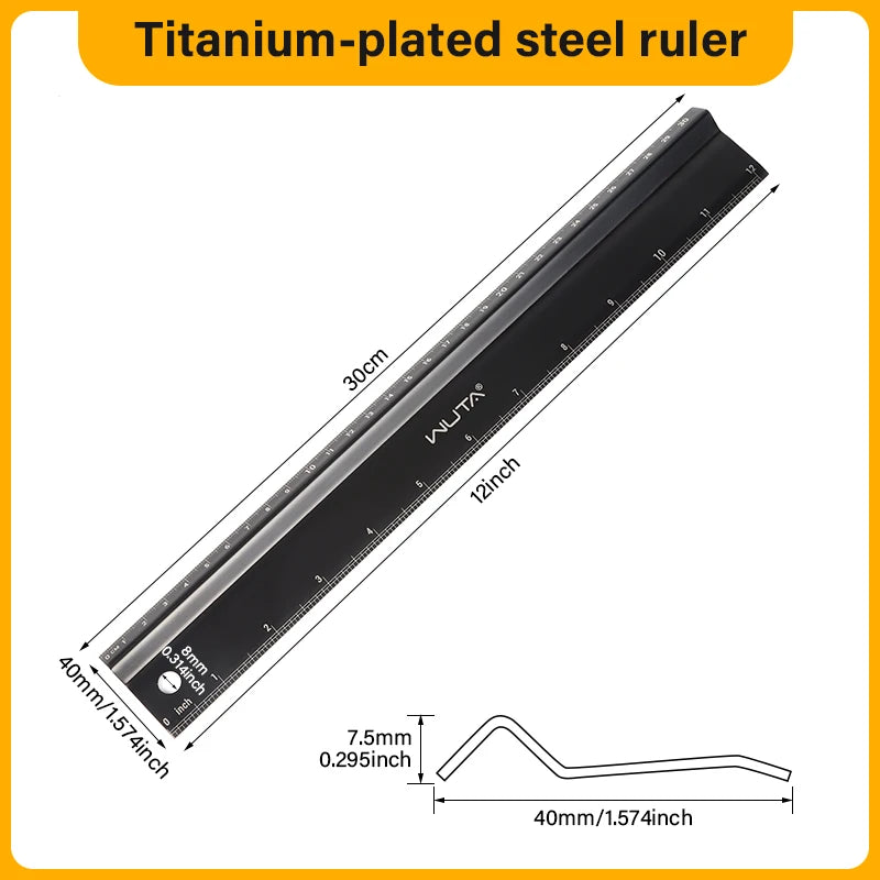 WUTA Leather Cutting Ruler Safety Ruler Titanium Plated Stainless Steel Protective Ruler Metal 30cm 12 inch Non-slip Craft Tools