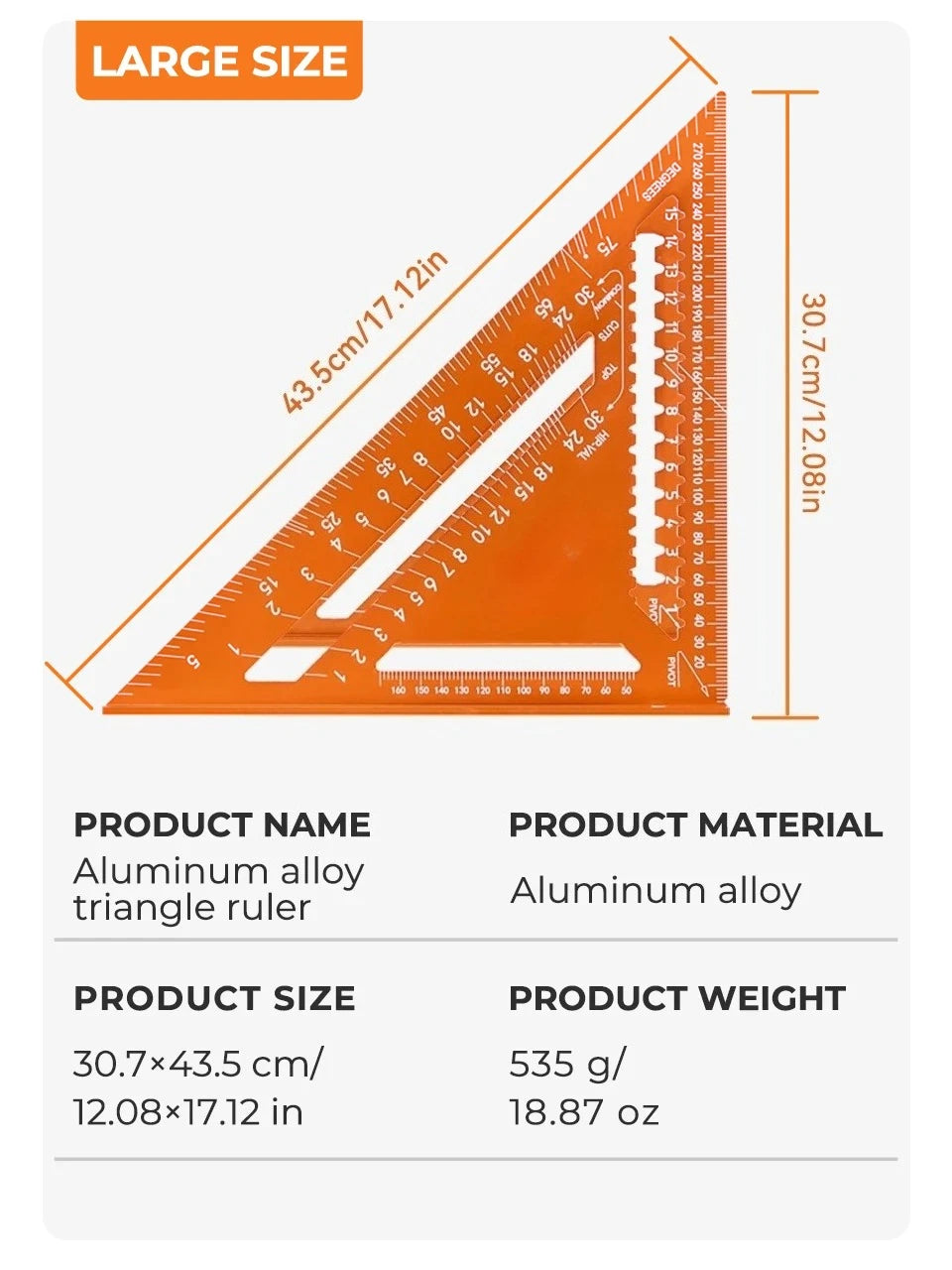 Aluminum Alloy Double Scale Triangle Ruler Angle Ruler Carpenter Triangle Square Rafter Tool Mensurement Tool for Woodwork