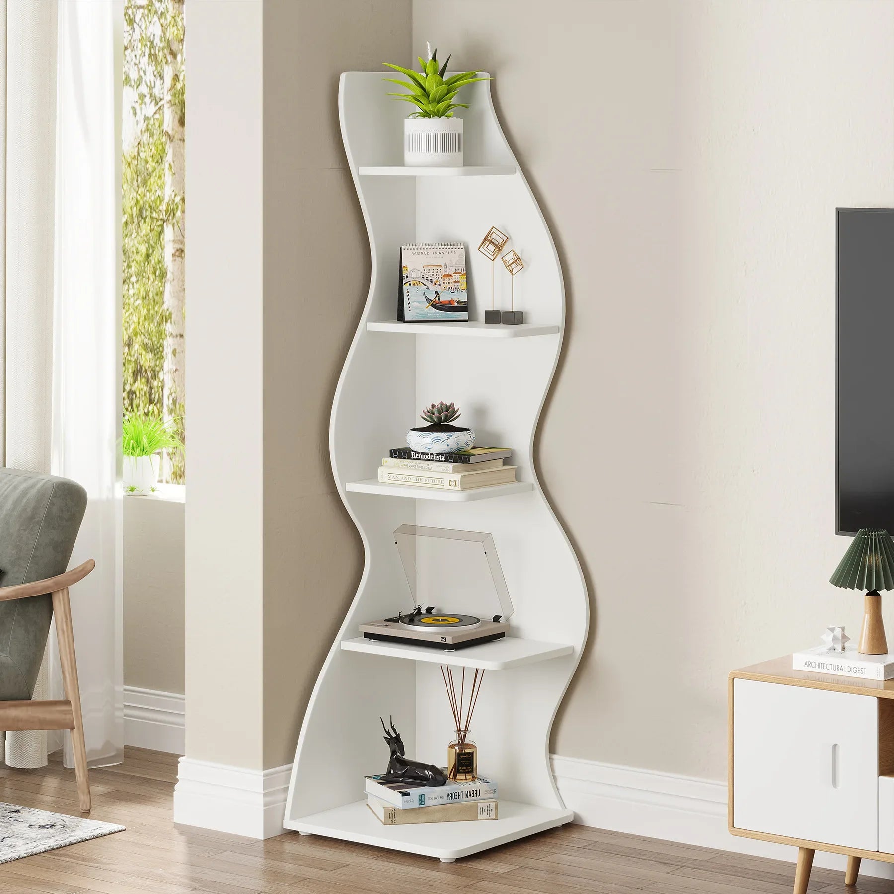 Modern 5-Tier Corner Bookshelf Wall Mounted Floating Shelves Unit Space Saving Storage for Living Room Home Office Bookcase.