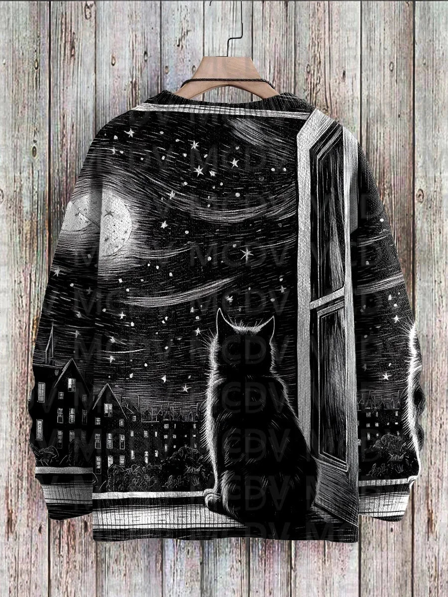Unisex Vintage Cat Art Print Classic Sweater Men's For Women's Pullover