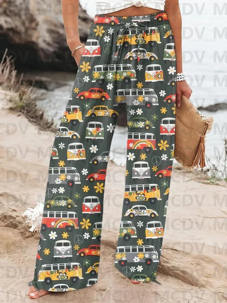 Women's Vintage Fish Sardines Art Print Linen Casual Pants