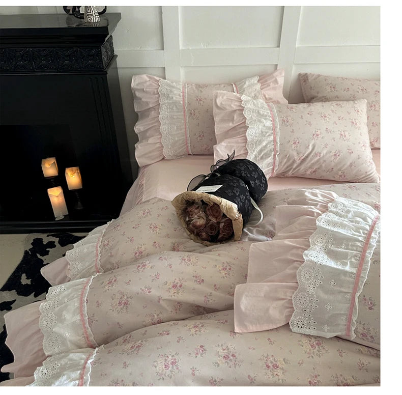 Pink Floral Double Layer Lace Ruffles 100% Cotton Bedding Set Duvet Cover Set Bed Sheet/Bed Skirt/Fitted Sheet Pillowcases 4Pcs