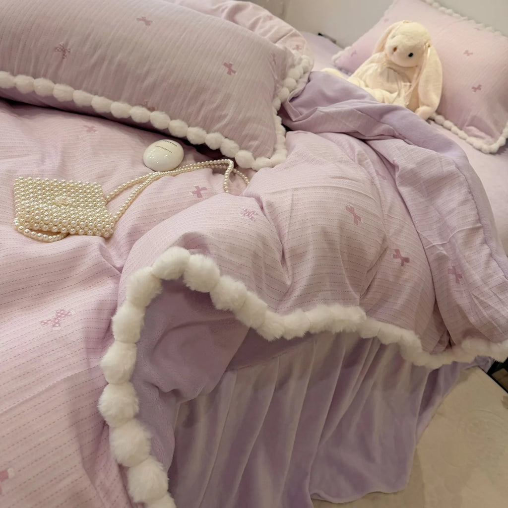 100% Cotton Double Layer Gauze 4-Piece Bedding Set - Milk Fiber Pom Poms Duvet Cover Set Soft Breathable for Bedroom