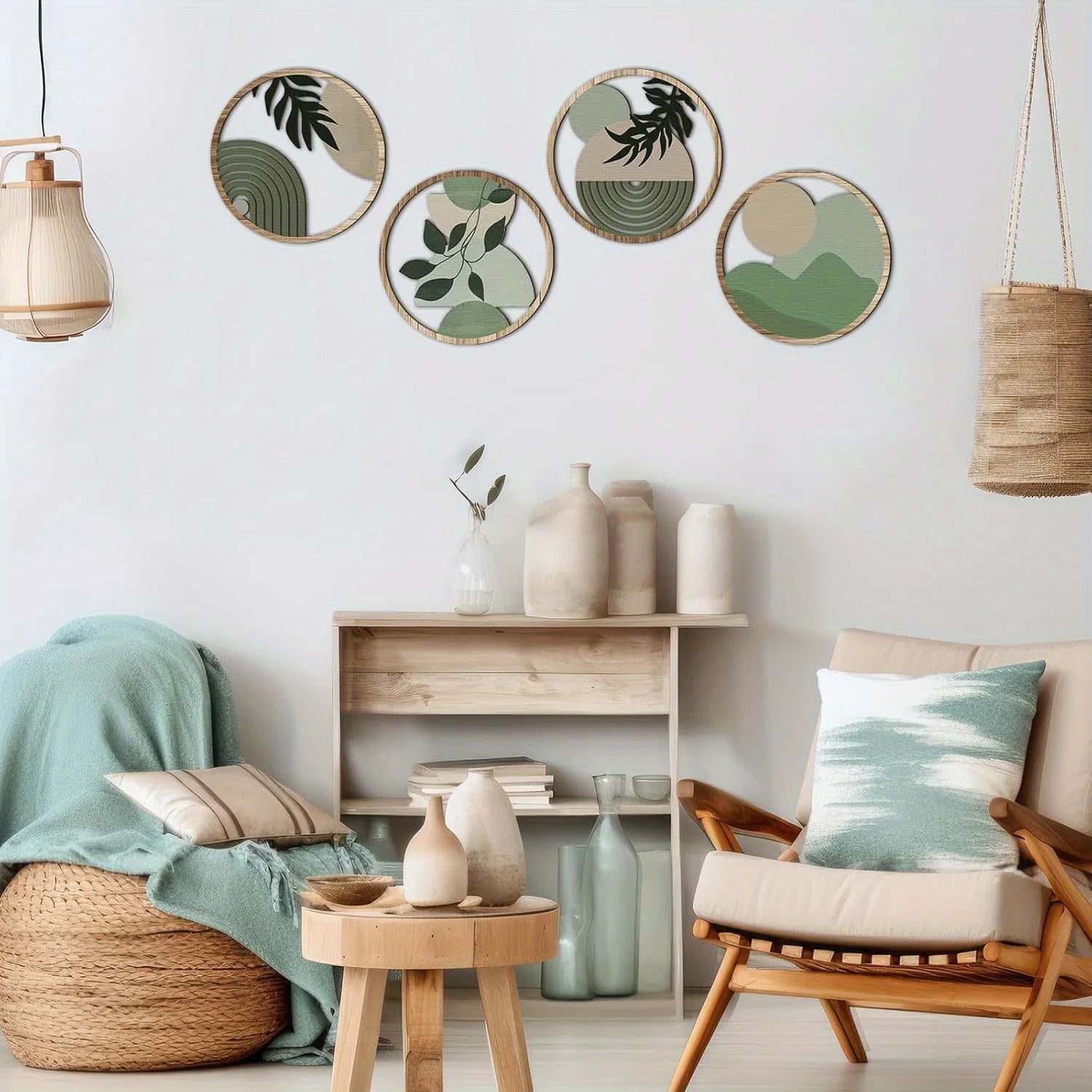 4 Bohemian Wall Art Set - Wooden Bohemian Decor，Geometric Hanging Artwork，Suitable for baby room，Farmhouse Aesthetic Minimalist