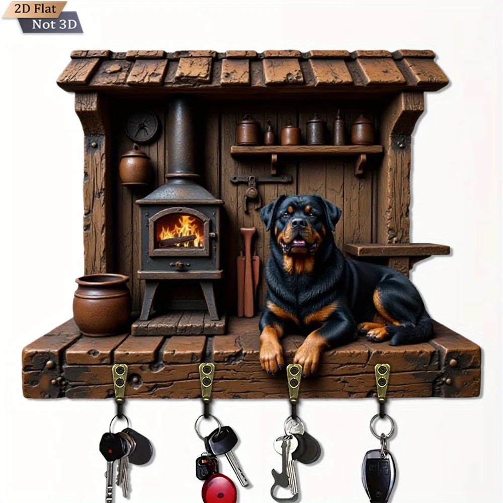 2D Flat, 1pc, Rottweiler log cabin fireplace - shaped wooden multi - functional home key hook rack, with four metal hooks, wall