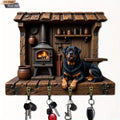2D Flat, 1pc, Rottweiler log cabin fireplace - shaped wooden multi - functional home key hook rack, with four metal hooks, wall