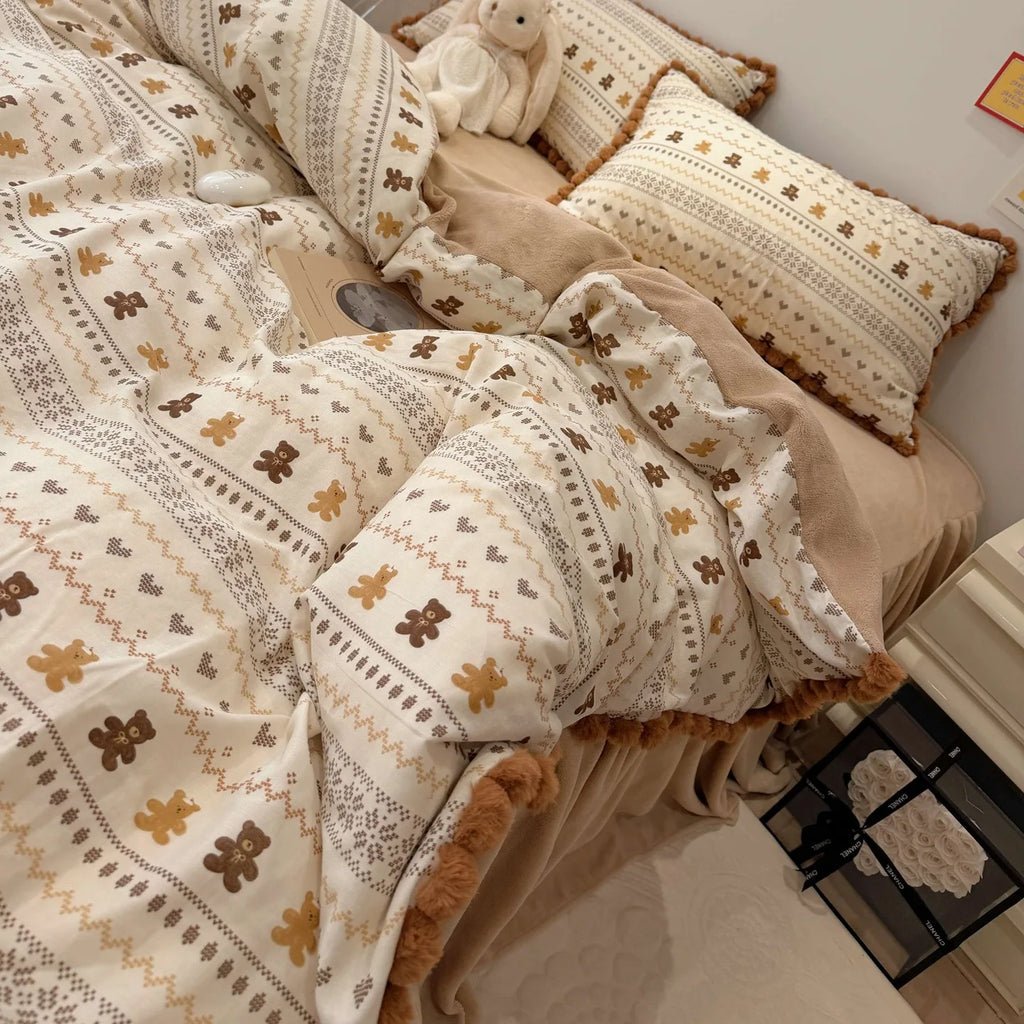 100% Cotton Double Layer Gauze 4-Piece Bedding Set - Milk Fiber Pom Poms Duvet Cover Set Soft Breathable for Bedroom