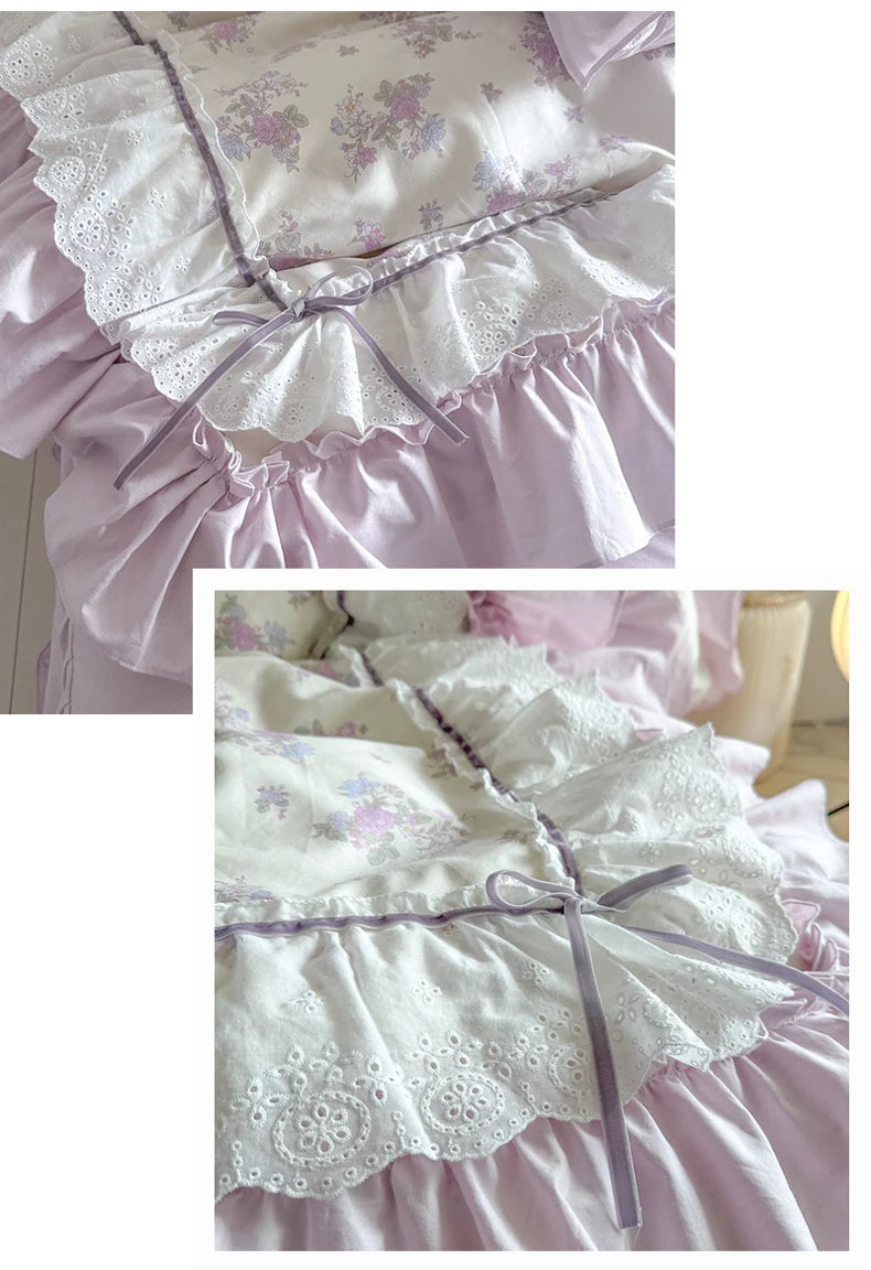 Pink Floral Double Layer Lace Ruffles 100% Cotton Bedding Set Duvet Cover Set Bed Sheet/Bed Skirt/Fitted Sheet Pillowcases 4Pcs