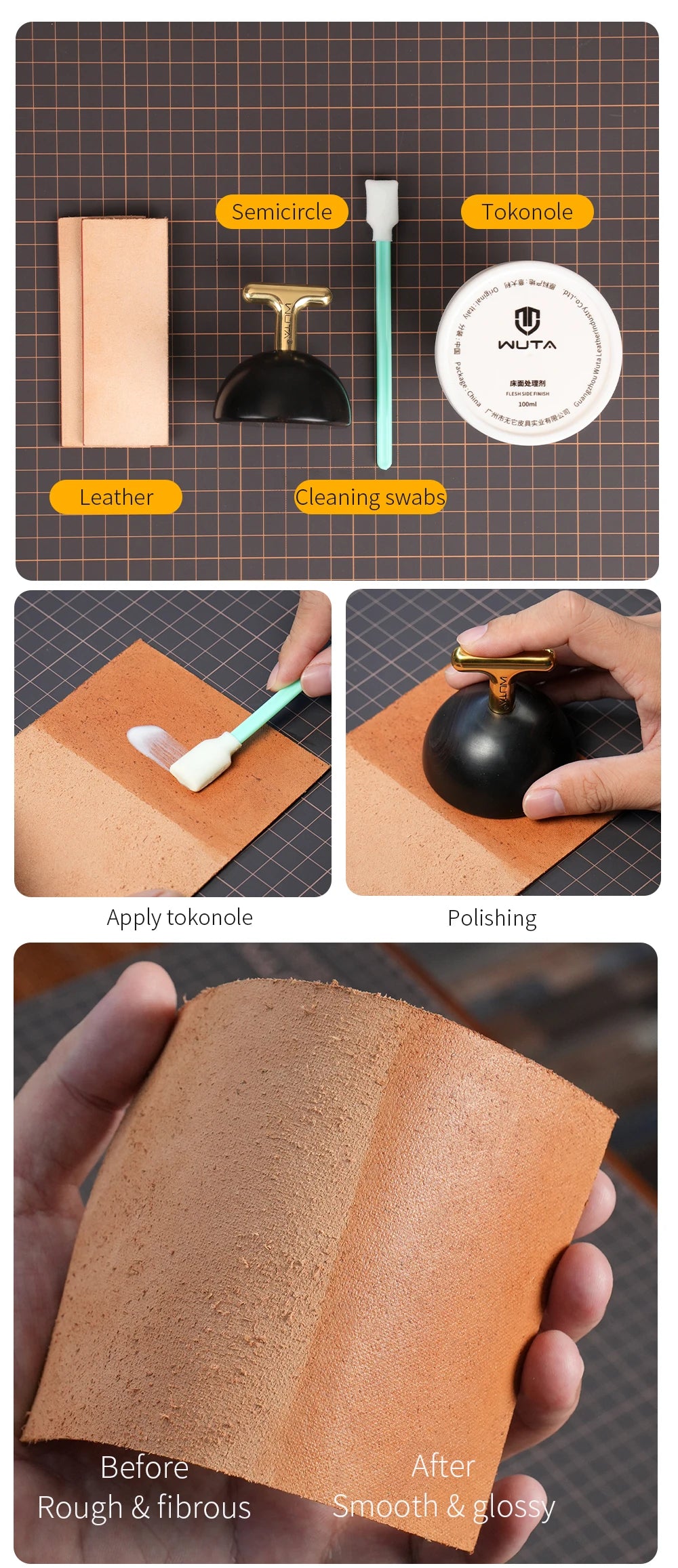 WUTA 1PC Pro Leather Edge Burnisher High Density Ebony Black Wood Slicker Upgrade Burnishing & Polishing DIY Leather Craft Tools