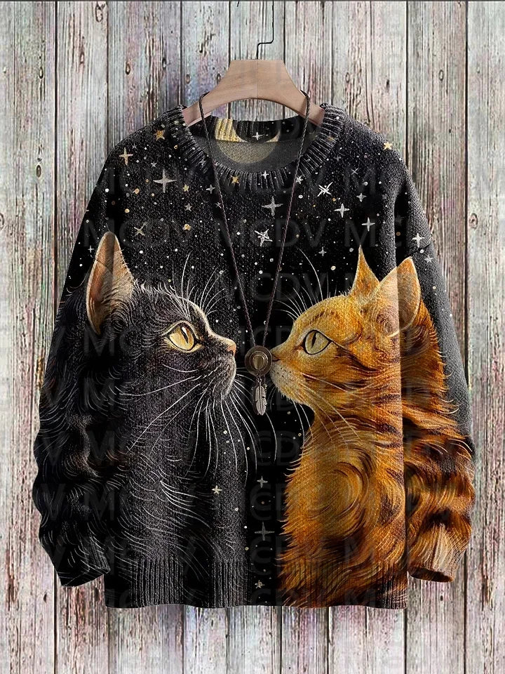 Unisex Vintage Cat Art Print Classic Sweater Men's For Women's Pullover