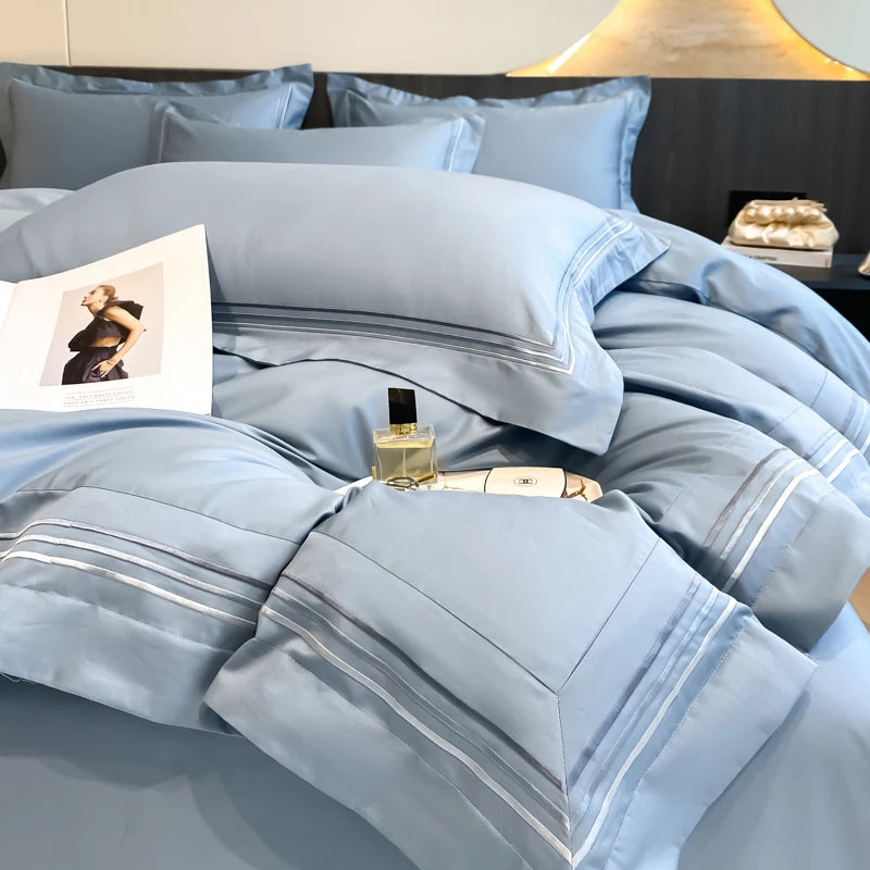 100% Cotton Luxury Hotel Style Bedding Set Queen King Size Solid Color Embroidery Duvet Cover Flat/Fitted Bed Sheet Pillowcases