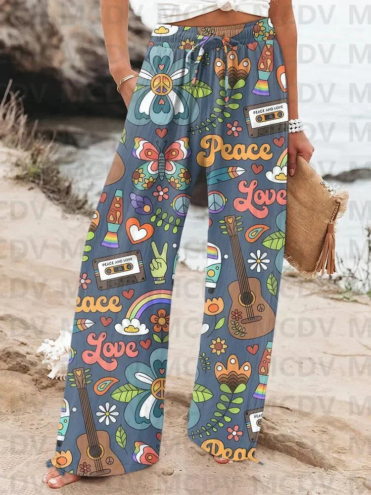 Women's Vintage Fish Sardines Art Print Linen Casual Pants